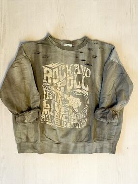 Women's Khaki and Tan Distressed Rock & Roll Graphic Sweatshirt Size S